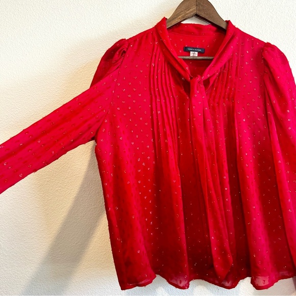 Tommy Hilfiger Red Clip Dot Pleated Tie Neck Blouse Large Holiday Work Top - Picture 7 of 12